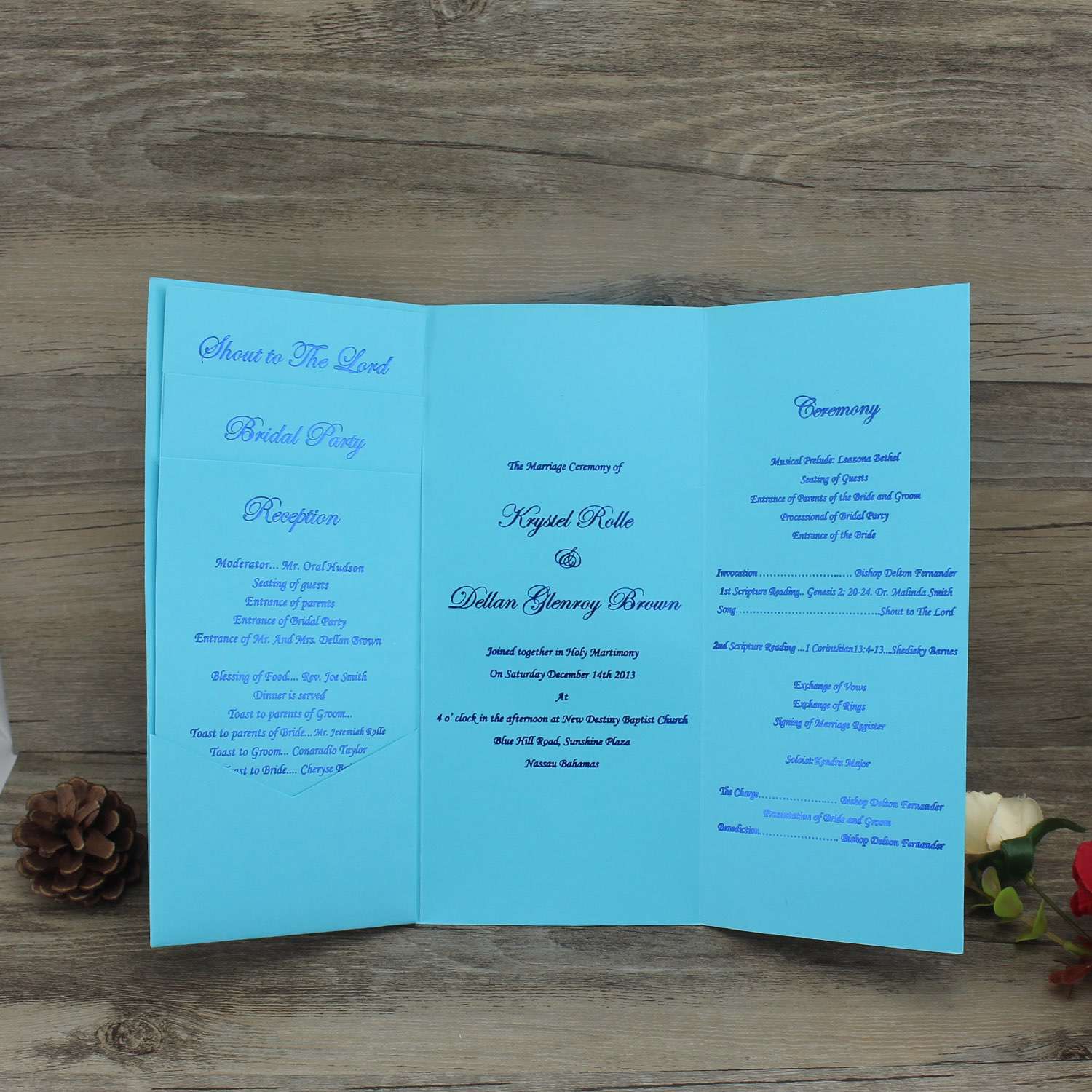 Blue Invitation Card Rectangle Wedding Invitation Card with Purple Ribbon Bow 